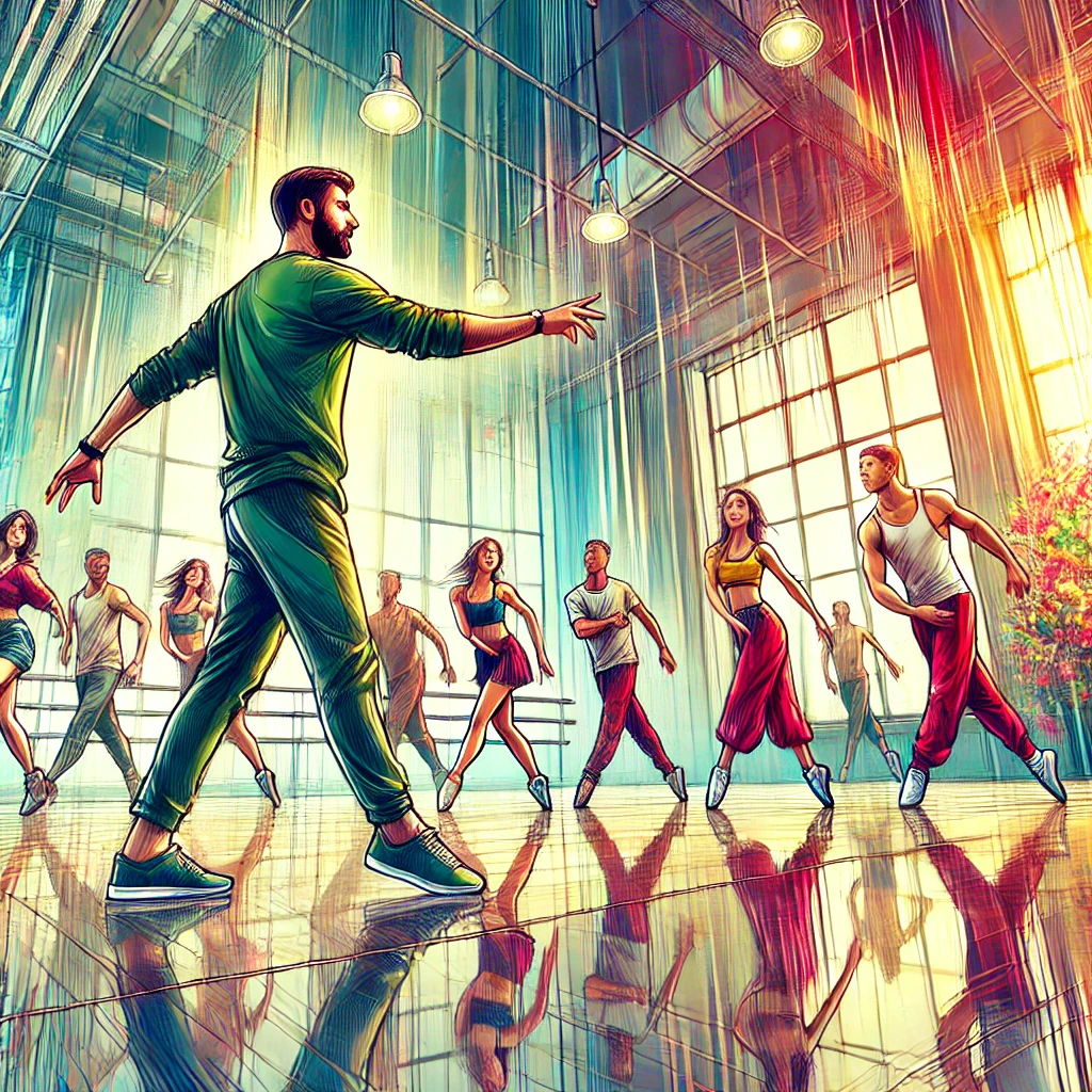 A vibrant and dynamic illustration of a choreographer directing a dance rehearsal in a spacious studio. The choreographer stands at the front, gesturi